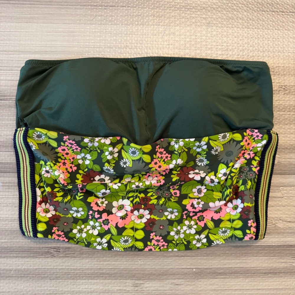 Aerie Bandeau Bikini Top Women Medium Green Floral Strapless Striped Trim Retro